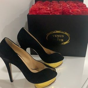 Charlotte Olympia stiletto black suede with gold heel size 38  made in Italy